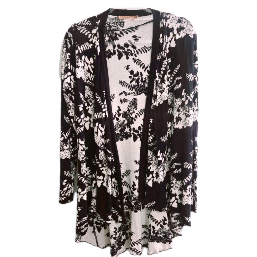 Belldini Womens M Black White Floral‎ Fern Open Front High Low Cardigan Sweater